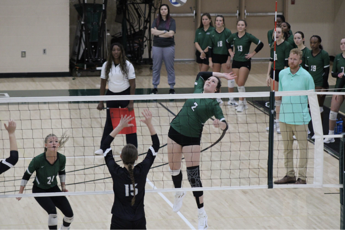 Junior Katie Hubbard is preparing to spike the ball in the Bruins’ territory, attempting a kill.